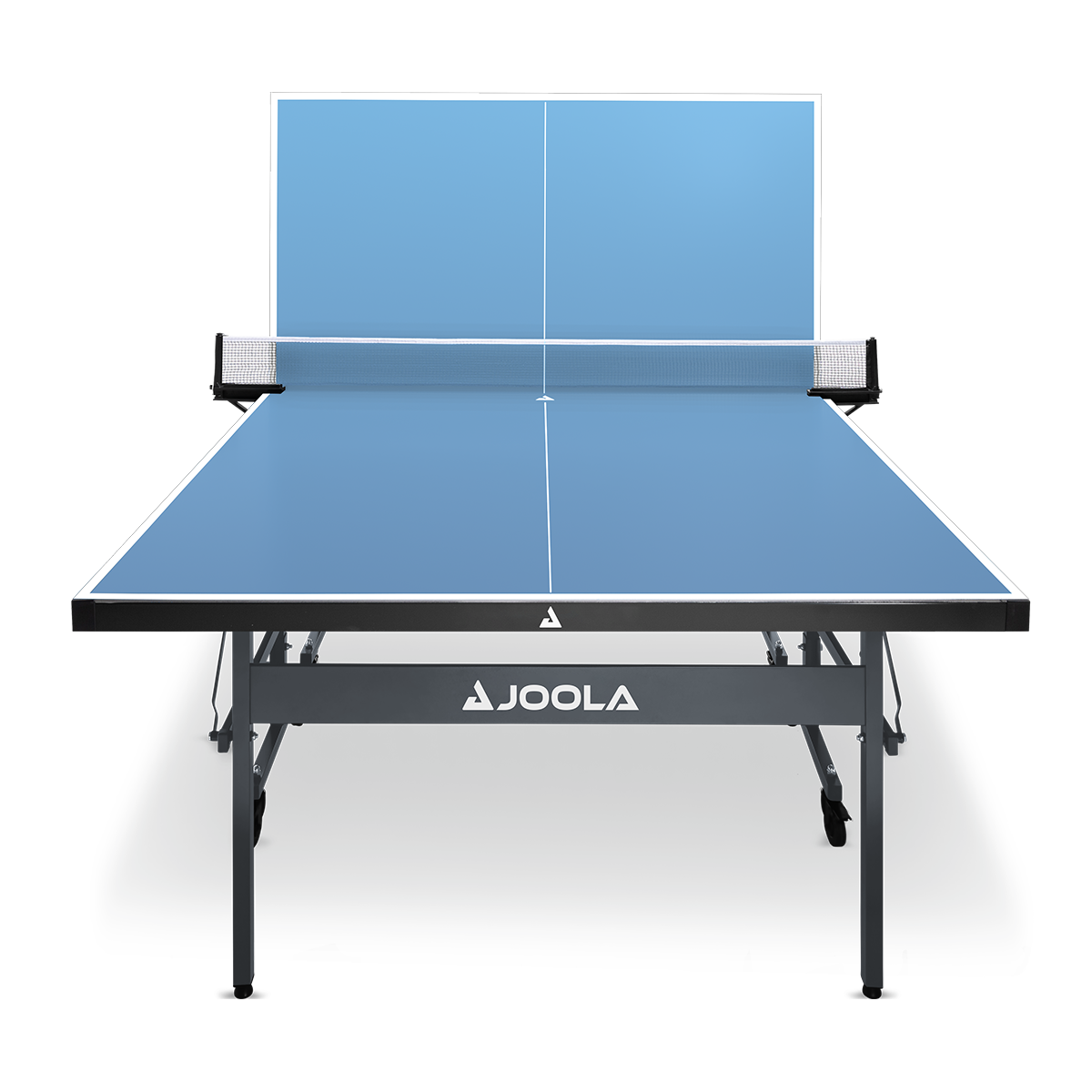 Blauer JOOLA Tischtennistisch mit Netz, schwarzem Gestell und weißen Spielfeldlinien, Vorderansicht.