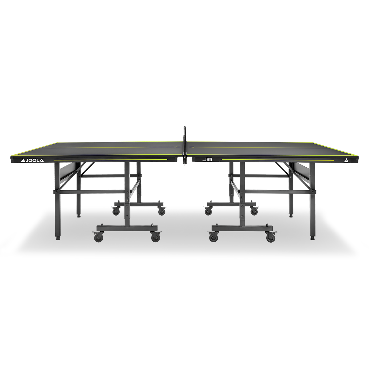 Schwarzer JOOLA Tischtennistisch mit gelben Linien und klappbarem Gestell auf Rollen.