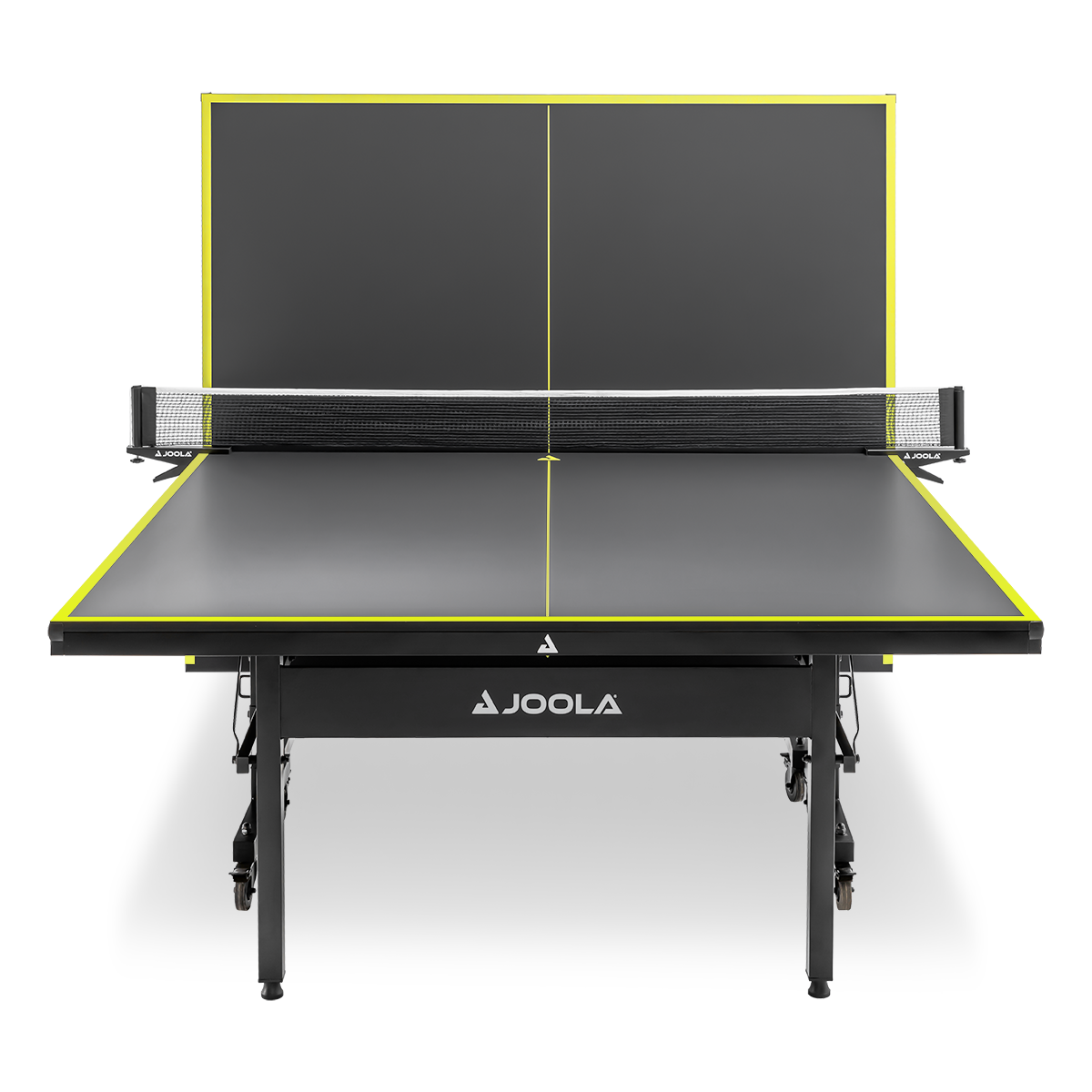 Schwarzer JOOLA Tischtennistisch mit gelber Umrandung und Netz, halb aufgestellt.
