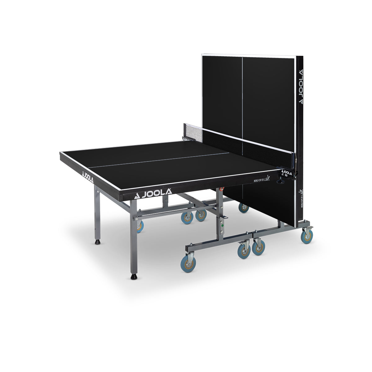 Schwarzer JOOLA Tischtennistisch mit klappbarer Spielfläche und Rollen.