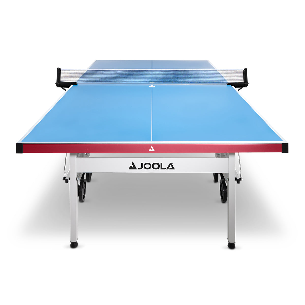 Blauer JOOLA Tischtennistisch mit Netz, frontal fotografiert vor weißem Hintergrund.