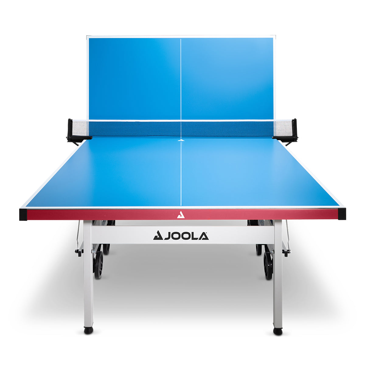 Blauer JOOLA Tischtennistisch mit Netz, halb hochgeklappt, Vorderansicht.