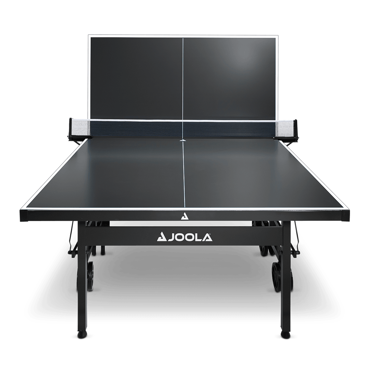 Schwarzer JOOLA Tischtennistisch mit Netz, halb hochgeklappt, Frontansicht.