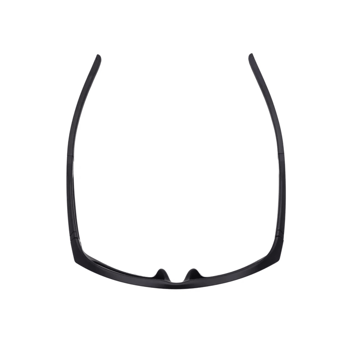 Schwarzer Brillenrahmen ohne Gläser, von vorne fotografiert.