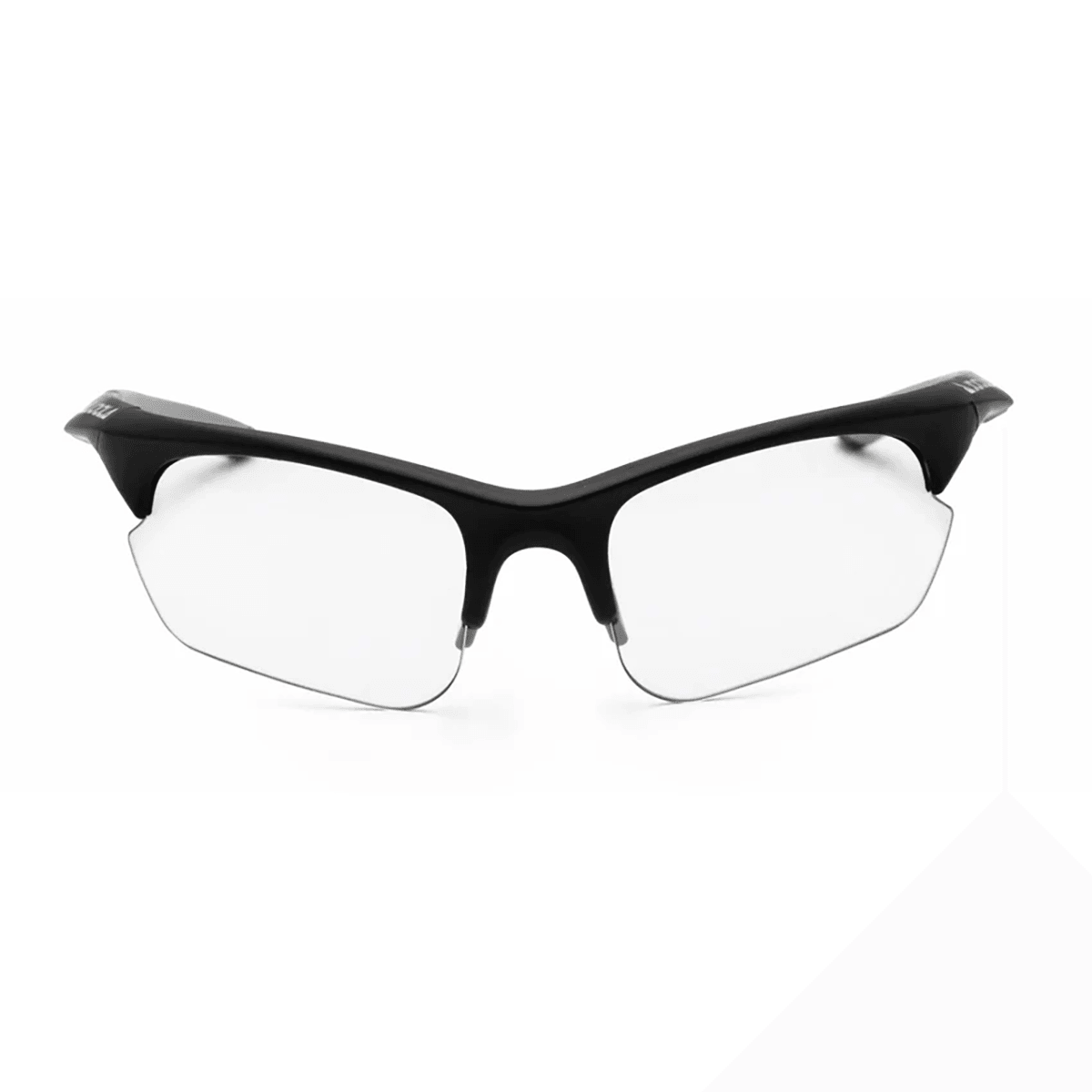 Schutzbrille mit schwarzem Rahmen und transparenten Gläsern, frontal aufgenommen.