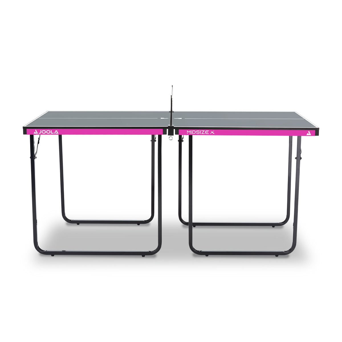 Tischtennisplatte JOOLA Midsize X mit schwarzer Spielfläche und pinkfarbenem Rand, freistehend vor weißem Hintergrund.