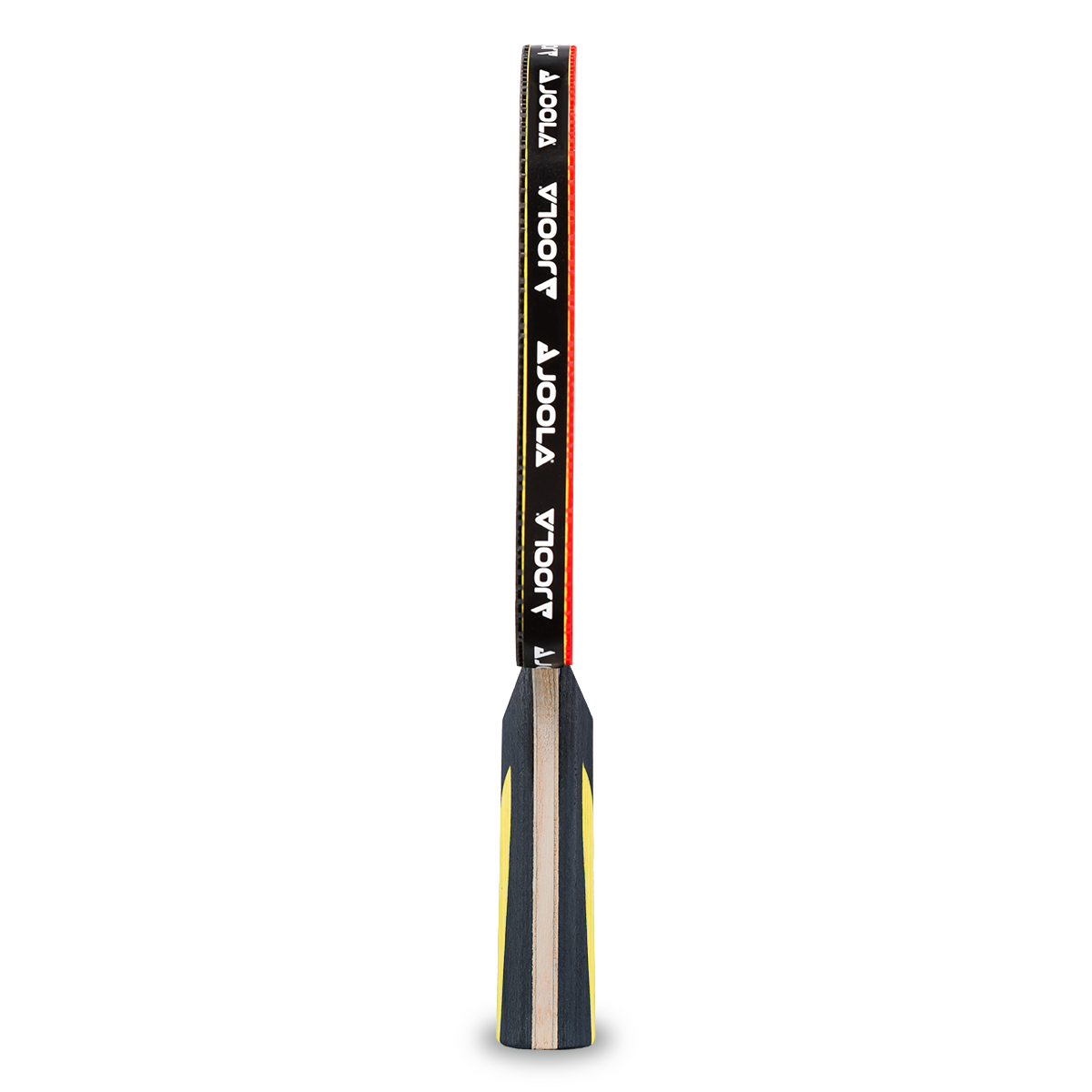 Tischtennisschläger mit schwarz-gelbem Griff und schwarzem Belag, Marke JOOLA, seitliche Ansicht auf weißem Hintergrund.