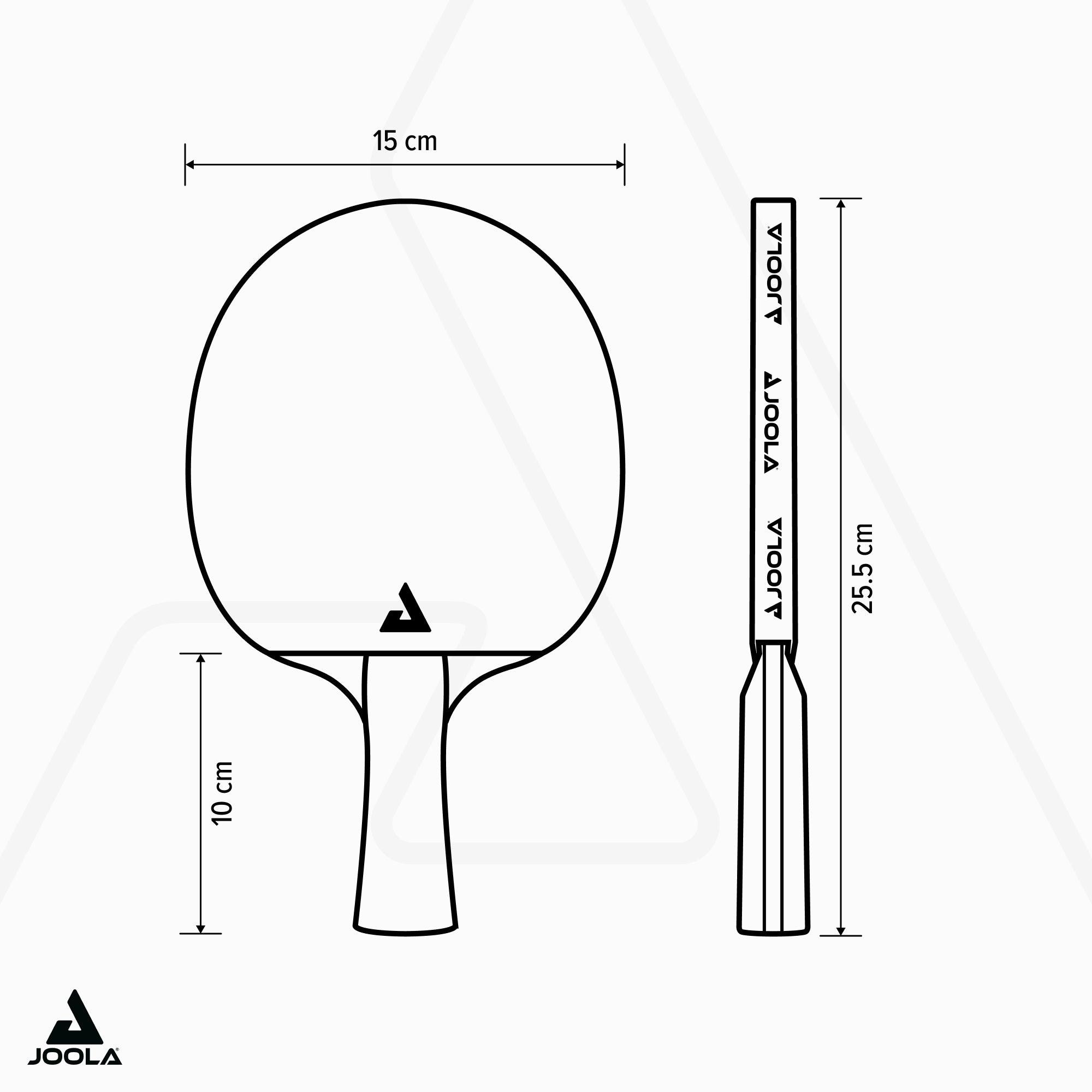 Schwarzer Umriss eines Joola Tischtennisschlägers mit den Maßen 15 cm Breite, 25,5 cm Länge und 10 cm Griffhöhe.