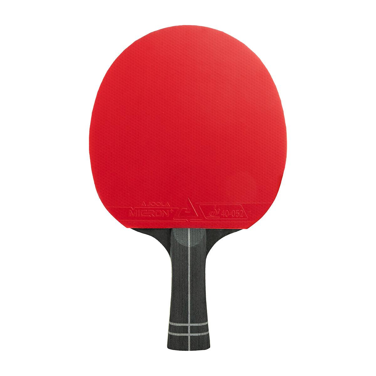 Tischtennisschläger mit rotem Belag und schwarzem Griff.