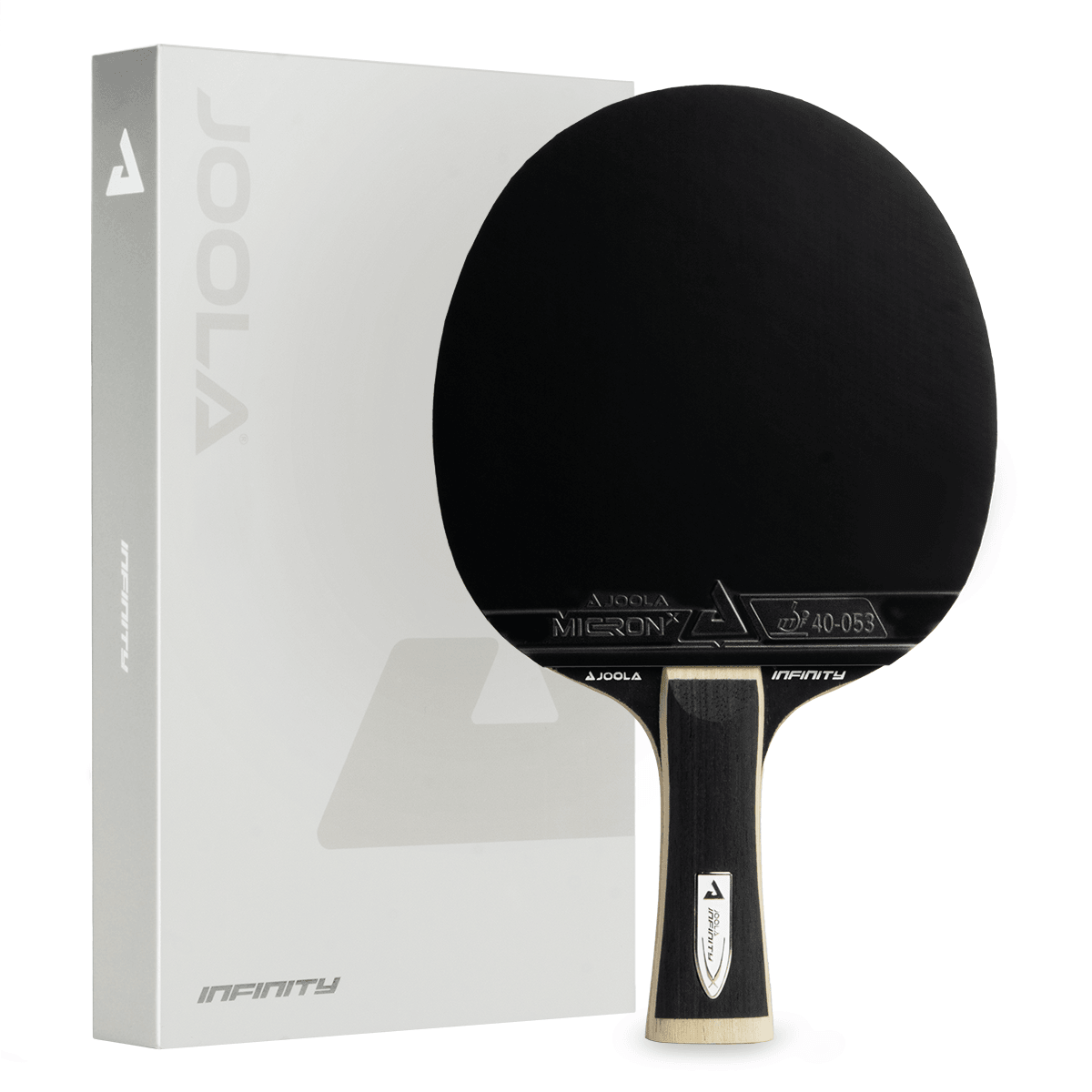 Schwarzer JOOLA Infinity Tischtennisschläger mit Verpackung.