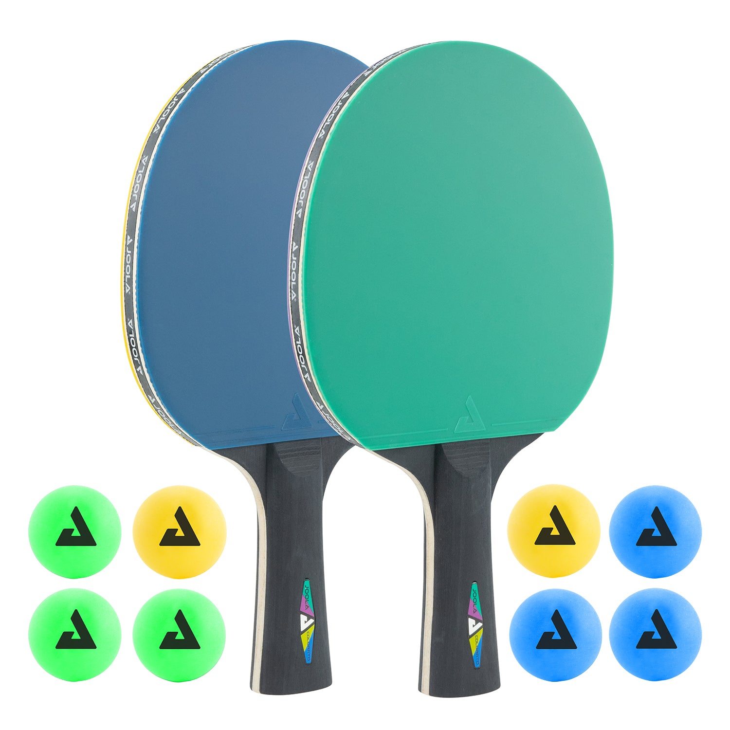 Zwei Tischtennisschläger in Blau und Grün, umgeben von acht bunten Tischtennisbällen.