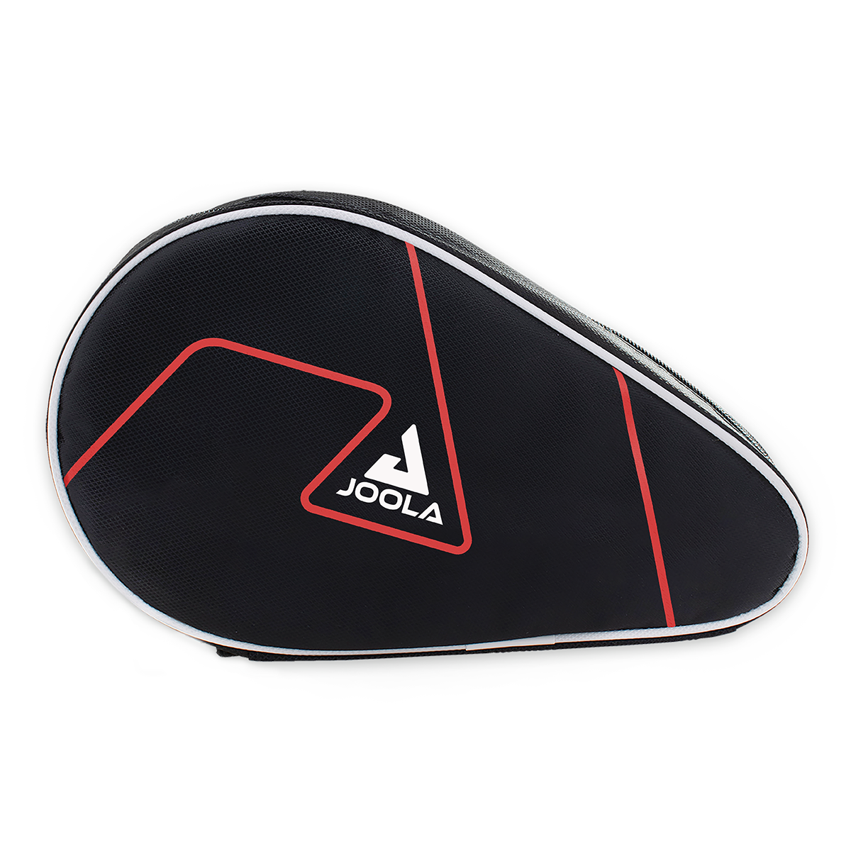 Schwarze JOOLA Tischtennistasche mit rotem Muster und weißem Reißverschluss, für Schläger und Zubehör.