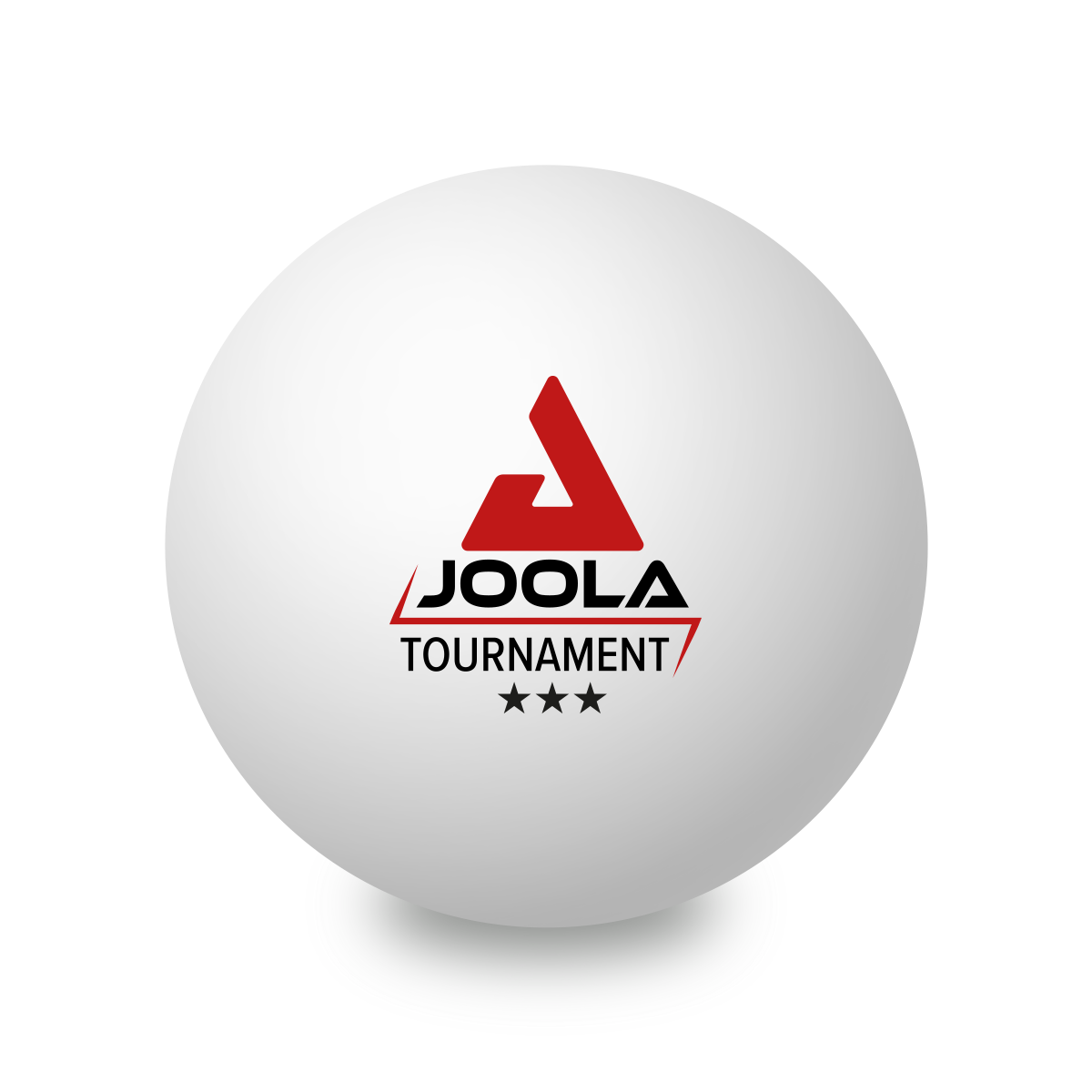Weißer JOOLA Tournament Tischtennisball mit rotem Logo und drei schwarzen Sternen, Einzelansicht vor weißem Hintergrund.