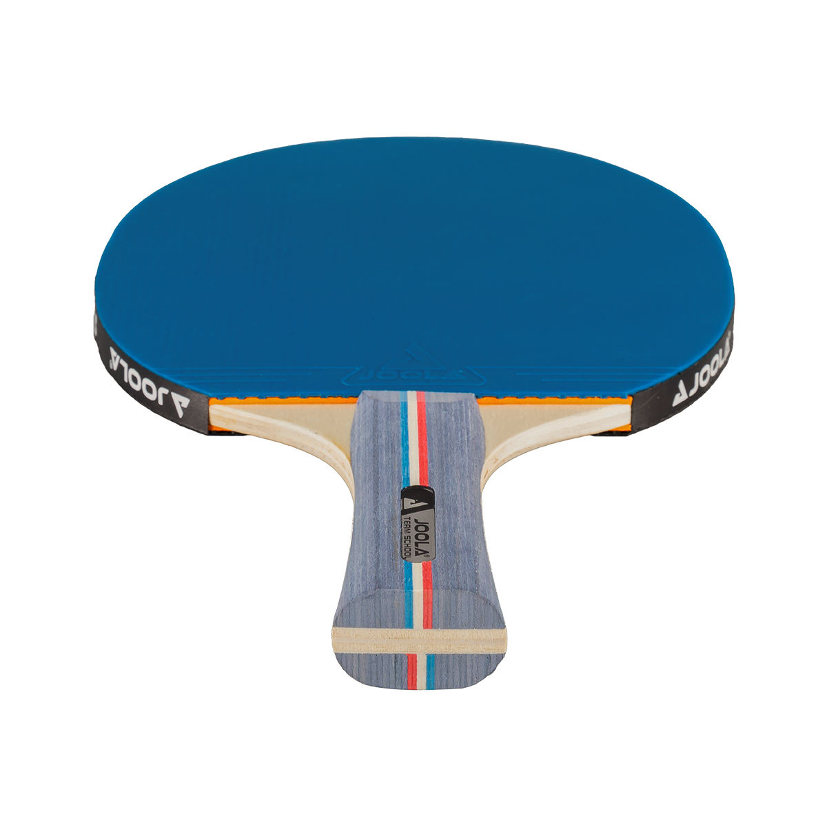 Tischtennisschläger mit blauem Belag und Holzgriff mit blauen und roten Streifen.