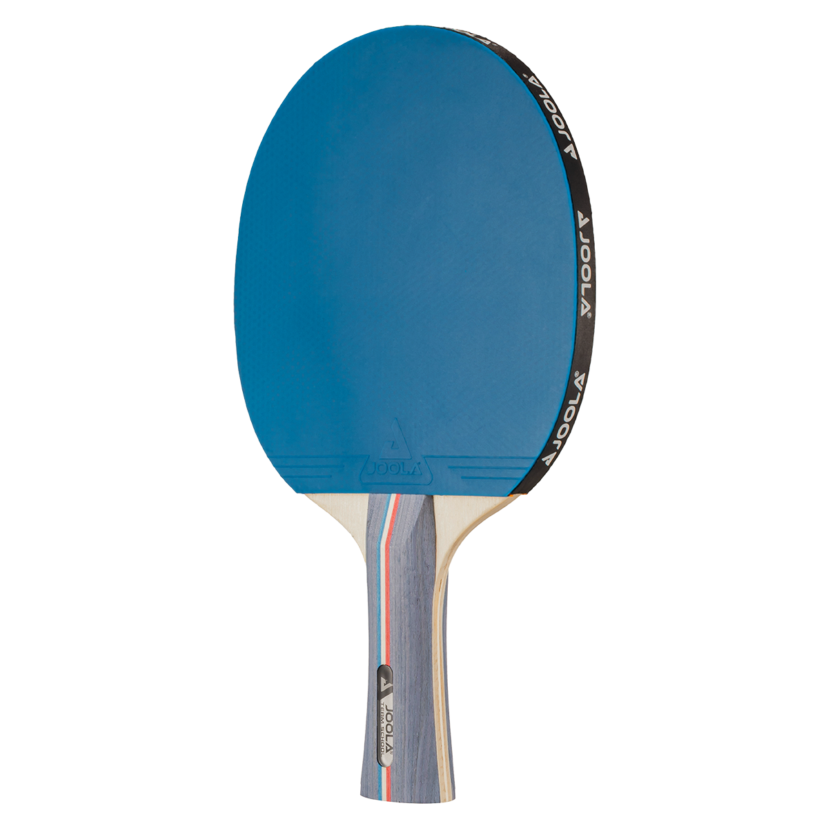 Tischtennisschläger mit blauem Belag und Holzgriff, Marke Joola.