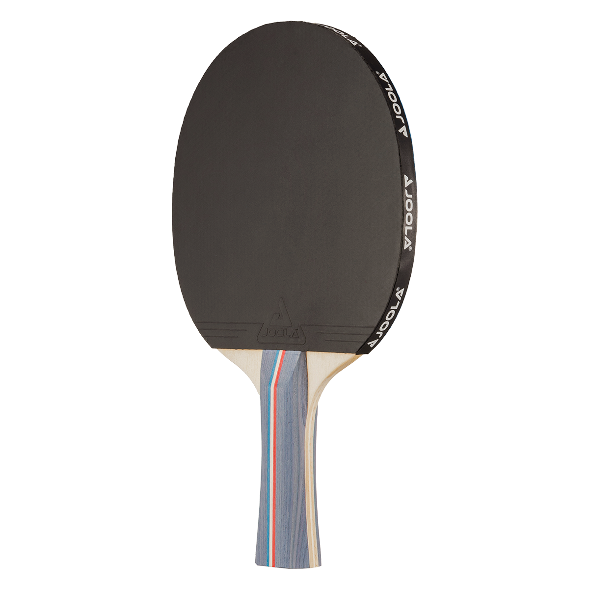 Tischtennisschläger mit schwarzem Belag und blau-rot-weiß gestreiftem Griff.