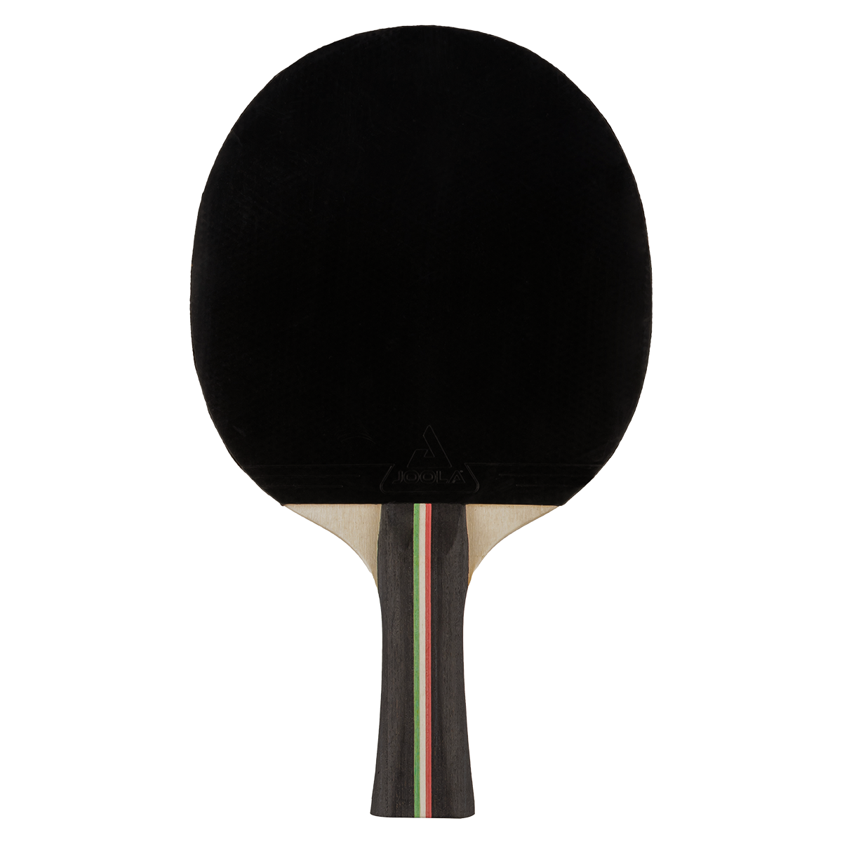 Tischtennisschläger mit schwarzem Belag und mehrfarbig gestreiftem Griff.