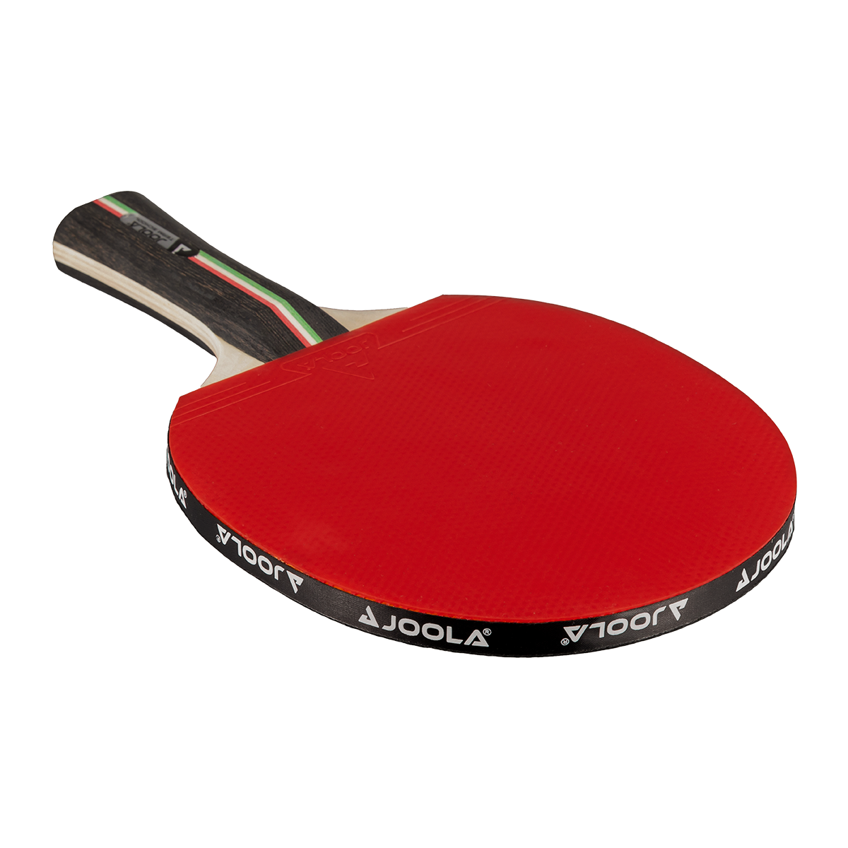Tischtennisschläger mit rotem Belag und Holzgriff, Marke JOOLA.