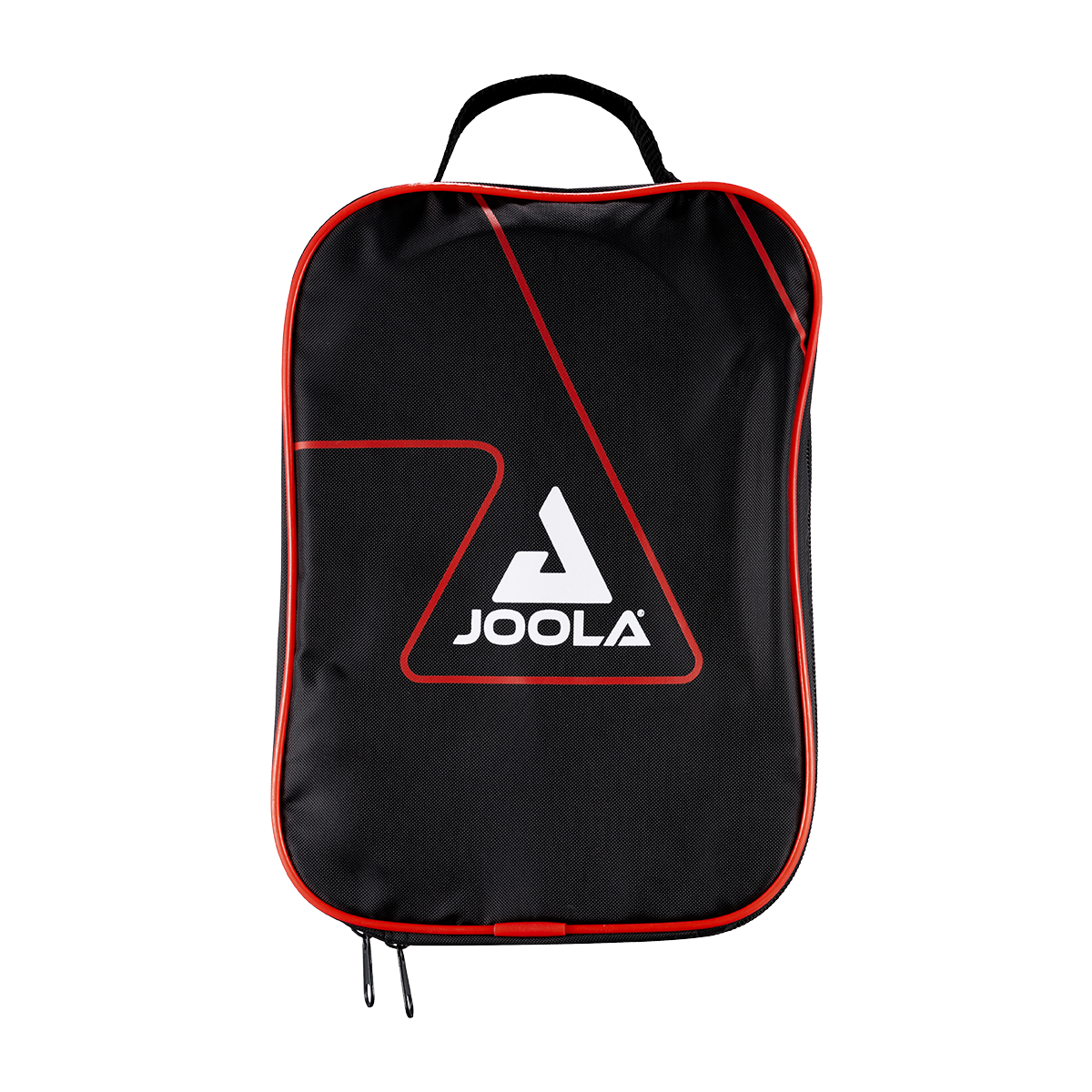Schwarze JOOLA Tasche mit rotem Rand und Tragegriff, rechteckig mit Reißverschluss.