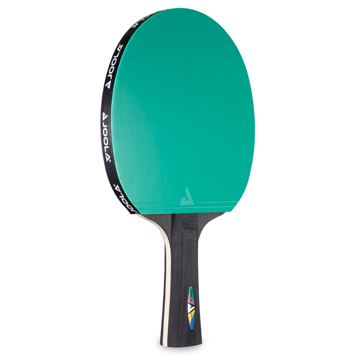 Grüner JOOLA Tischtennisschläger mit schwarzem Griff und schwarzem Rand mit weißem JOOLA-Logo.