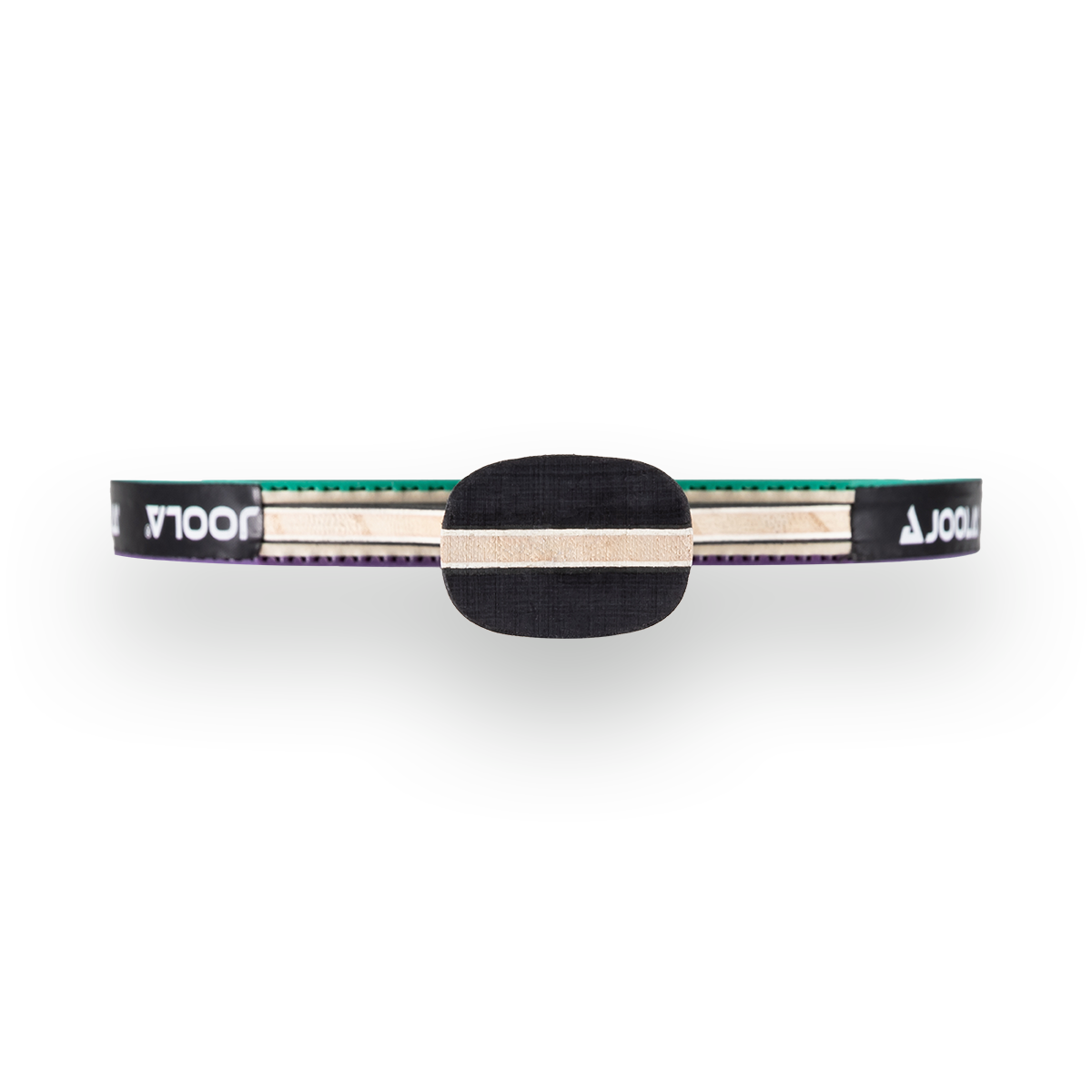 Tischtennisschläger JOOLA von oben, Griff mit schwarzem und hellem Holz, grüne und violette Beläge, schwarzer Rand mit Logo.