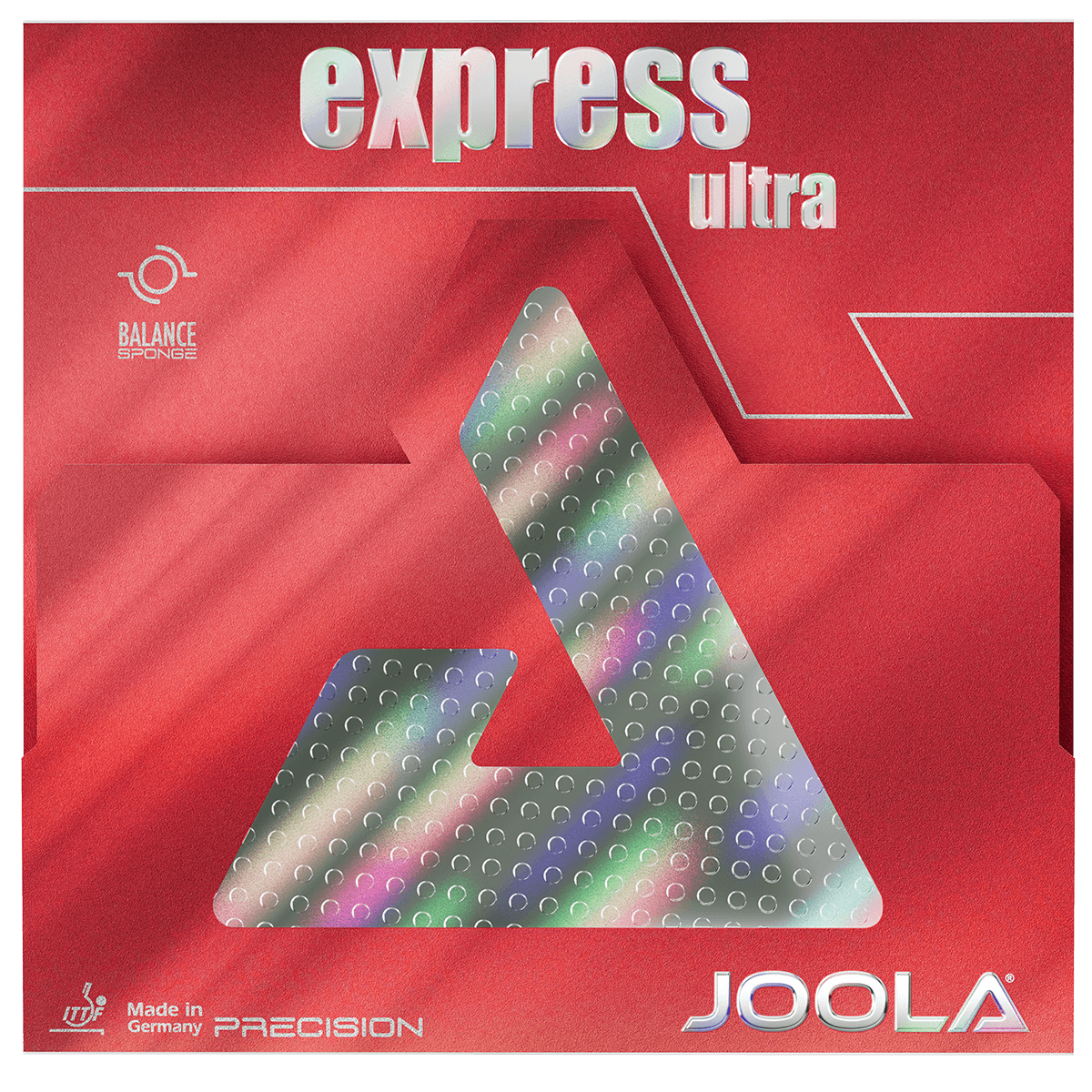 Rote Tischtennisbelag-Verpackung „Joola express ultra“ mit Balance Sponge-Technologie und Präzisionshinweis, Made in Germany.