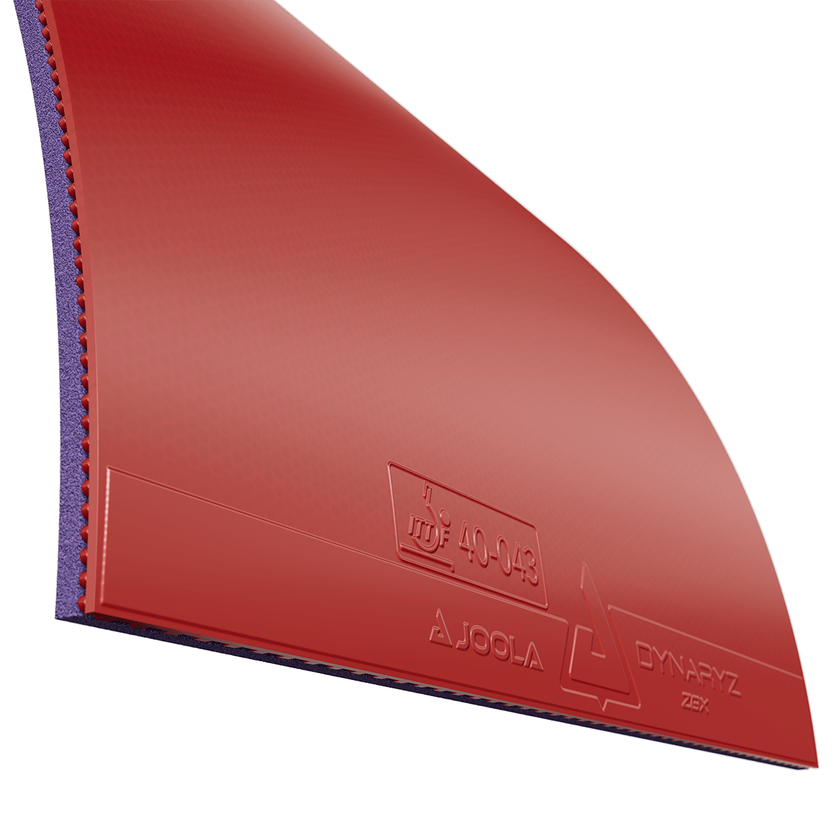 Roter Tischtennisbelag mit Prägemarkierungen von JOOLA, Modell Dynaryz Zex.