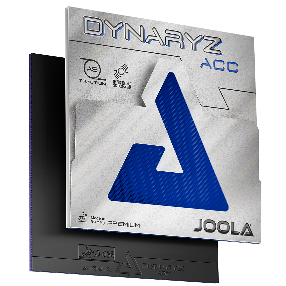 Verpackung und Tischtennisbelag JOOLA Dynaryz ACC in Silber und Blau.