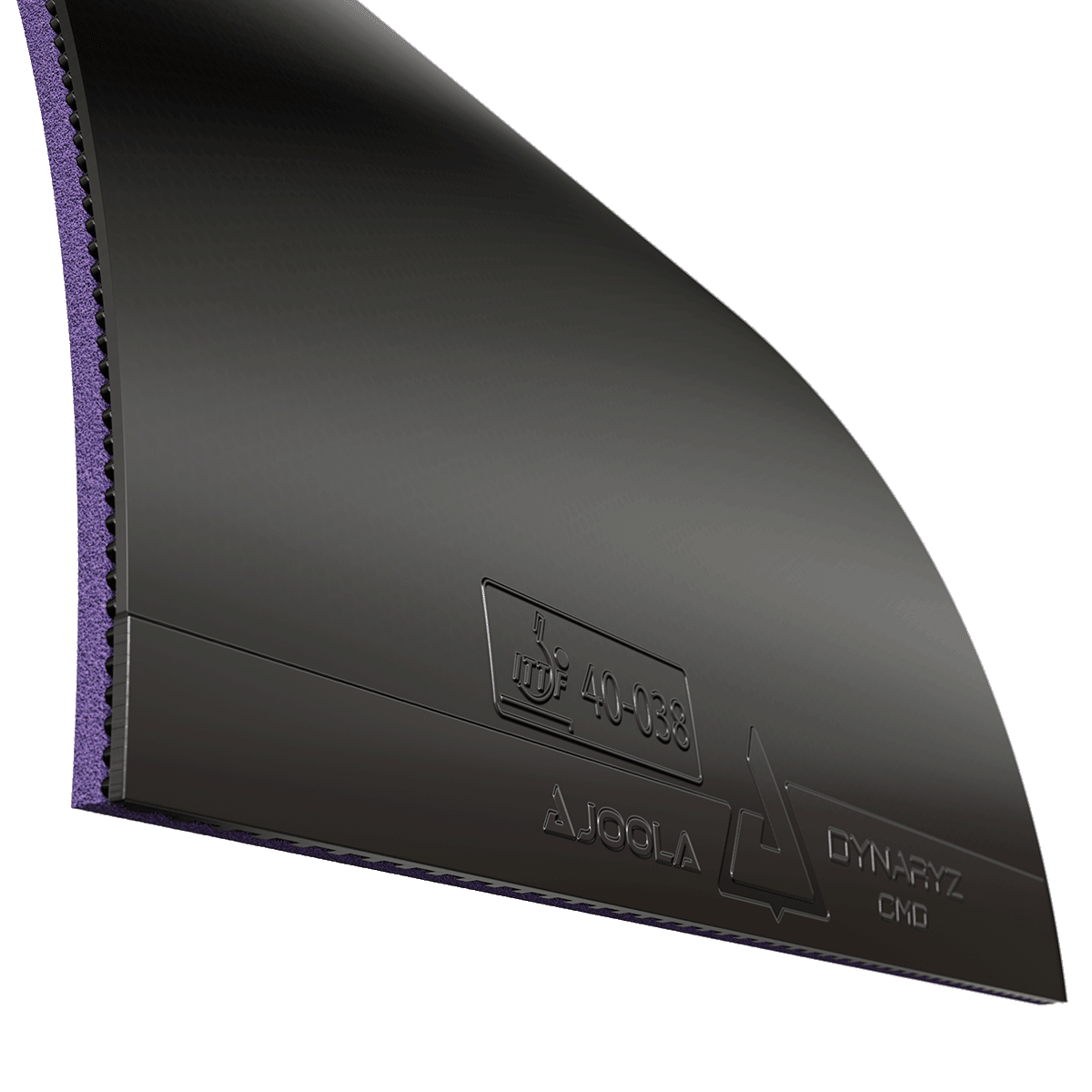 Schwarzer JOOLA Dynaryz CMD Tischtennisbelag mit violettem Schwamm, Nahaufnahme.