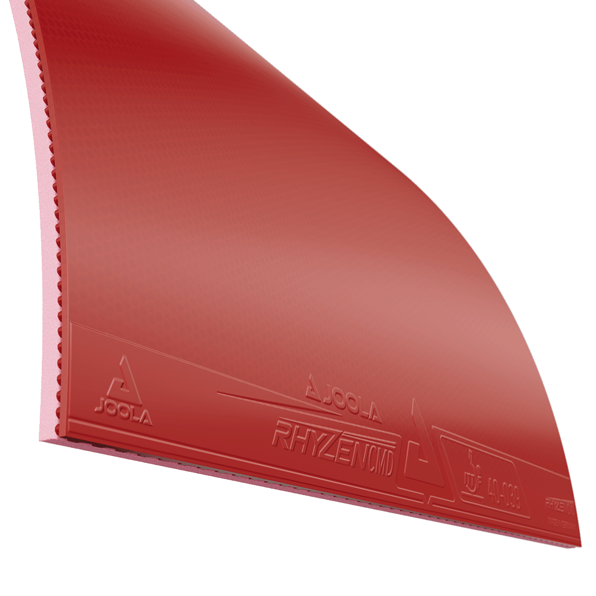 Rote JOOLA Rhyzen CMD Tischtennisbelag mit strukturierter Oberfläche und Schwamm.