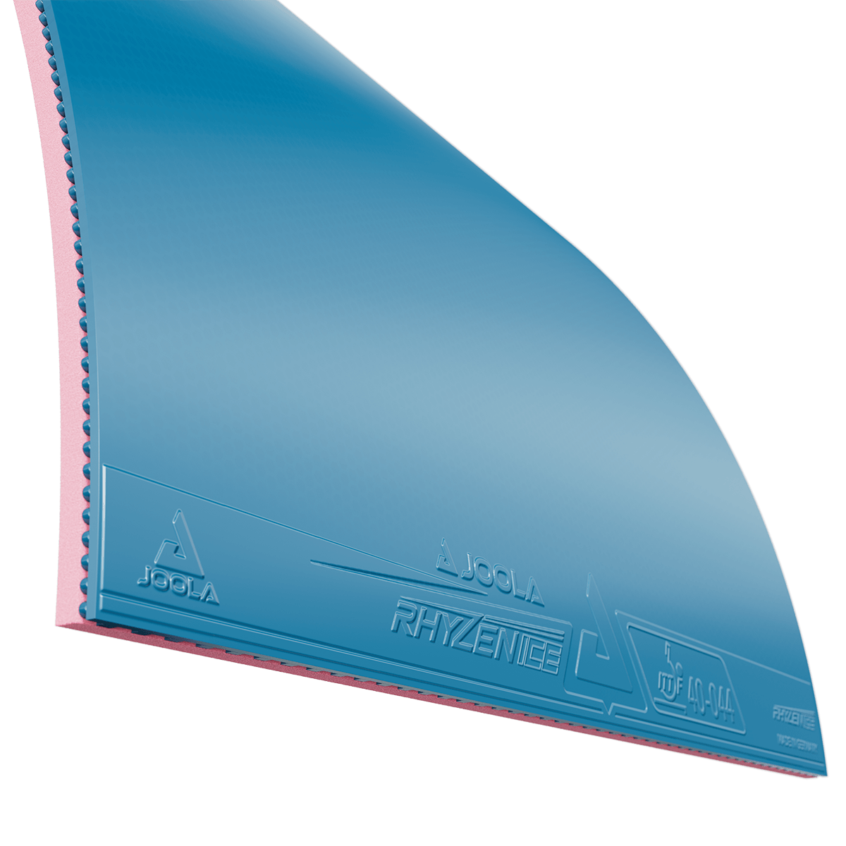 Tischtennisbelag JOOLA Rhyzence, blau mit rotem Schwamm, Nahaufnahme.