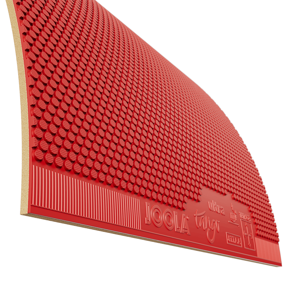 Rote JOOLA Tischtennisbelag mit Noppenstruktur und Holzgriff, Nahaufnahme.