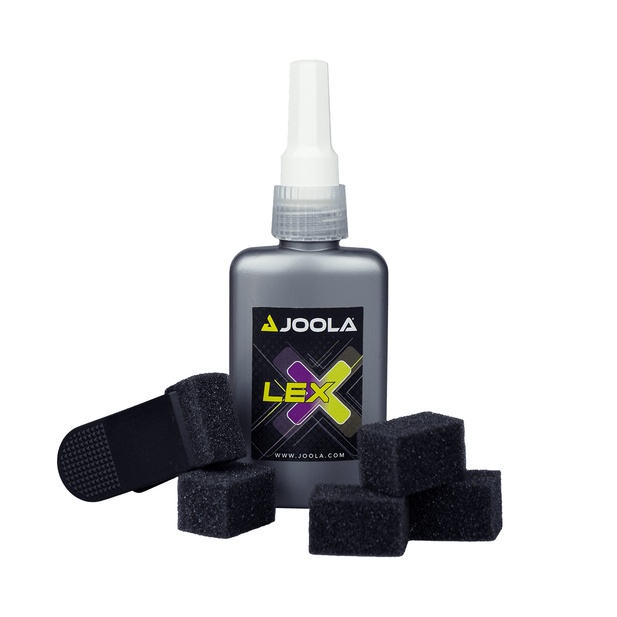 Flasche mit JOOLA Lex X Tischtennisbelag-Pflegemittel und vier schwarzen Schwammapplikatoren.