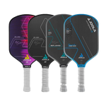 Vier JOOLA Pickleball-Schläger in verschiedenen Designs mit weißen Griffen, nebeneinander angeordnet.