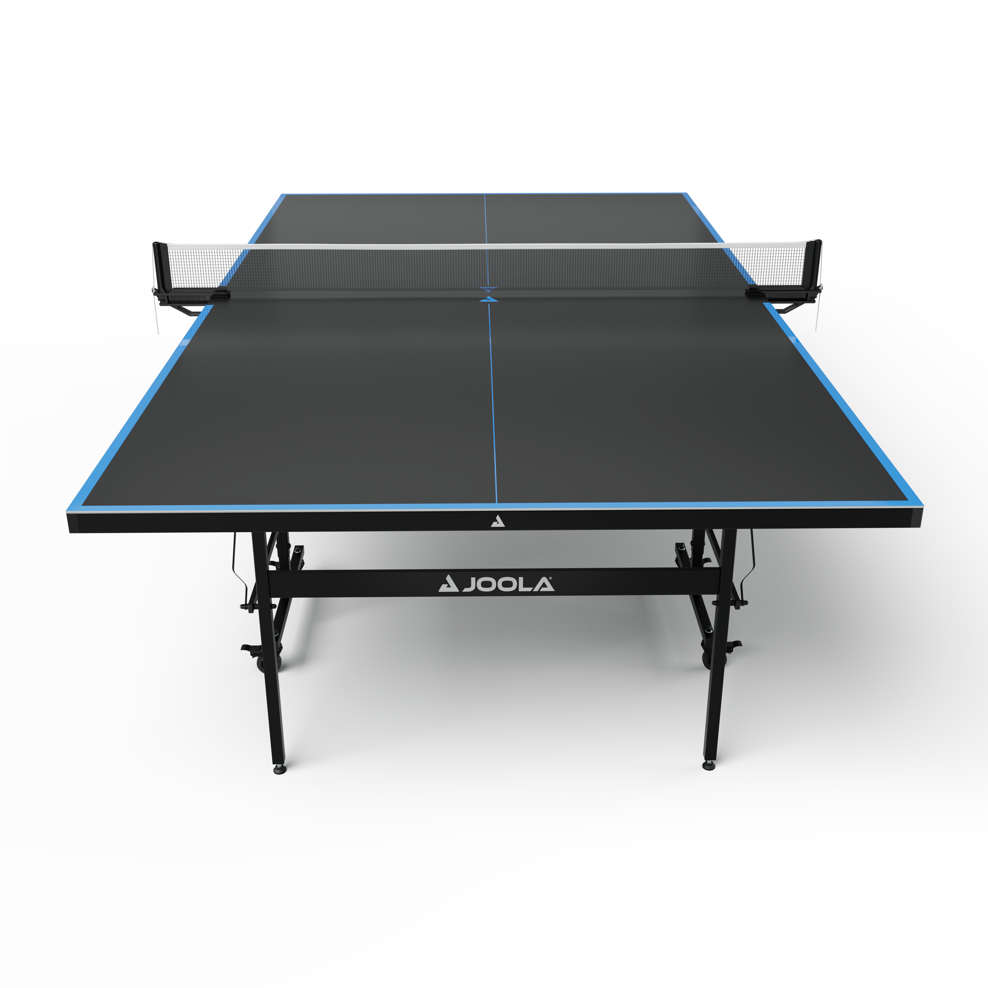 Schwarzer JOOLA Tischtennistisch mit blauem Rand, Netz und klappbaren Beinen auf weißem Hintergrund.