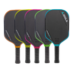 Fünf JOOLA Pickleball-Schläger in verschiedenen Farben mit schwarzem Schlägerblatt und Griff.