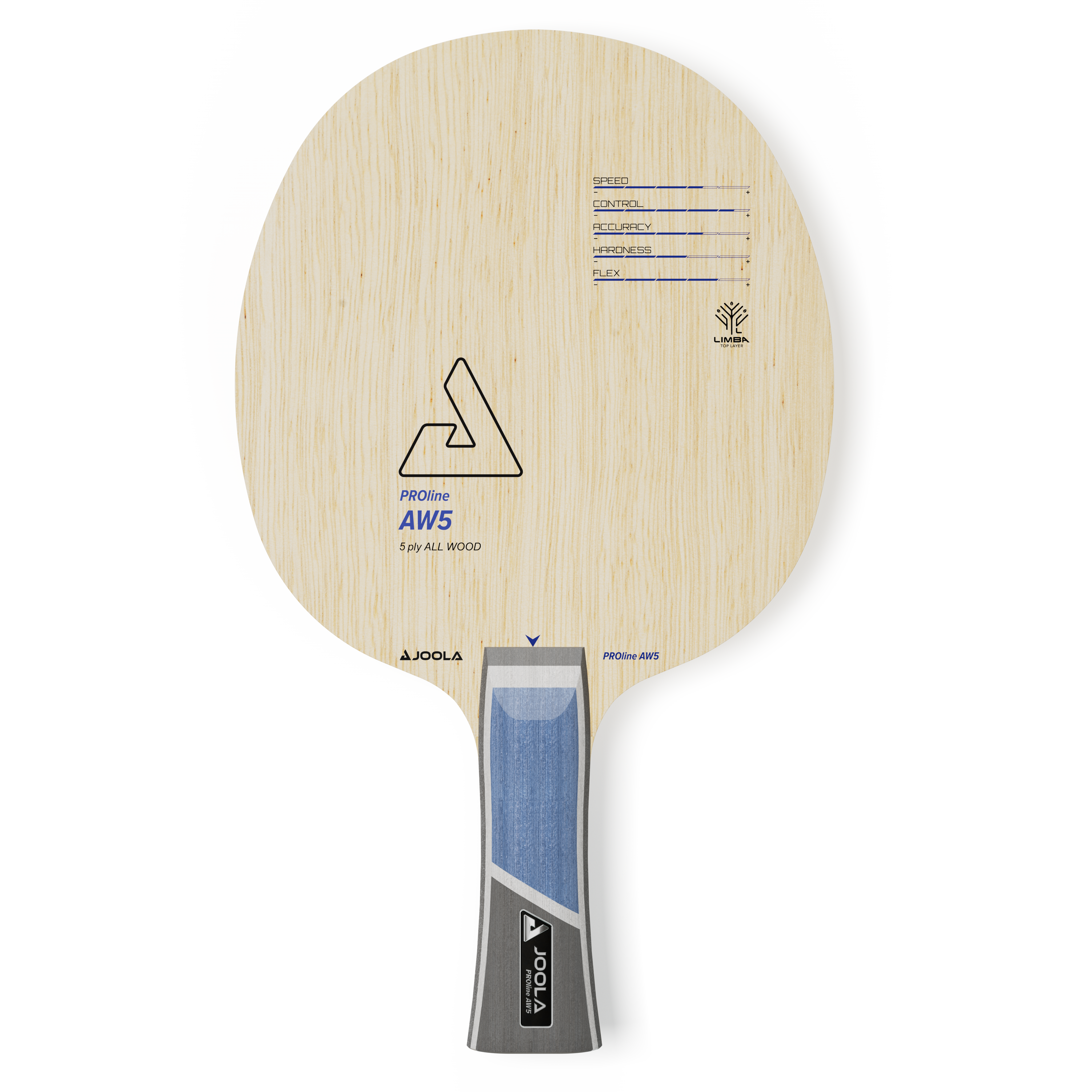 Tischtennisschläger JOOLA PROline AW5 aus 5-lagigem Holz mit blaugrauem Griff und Leistungsübersicht.