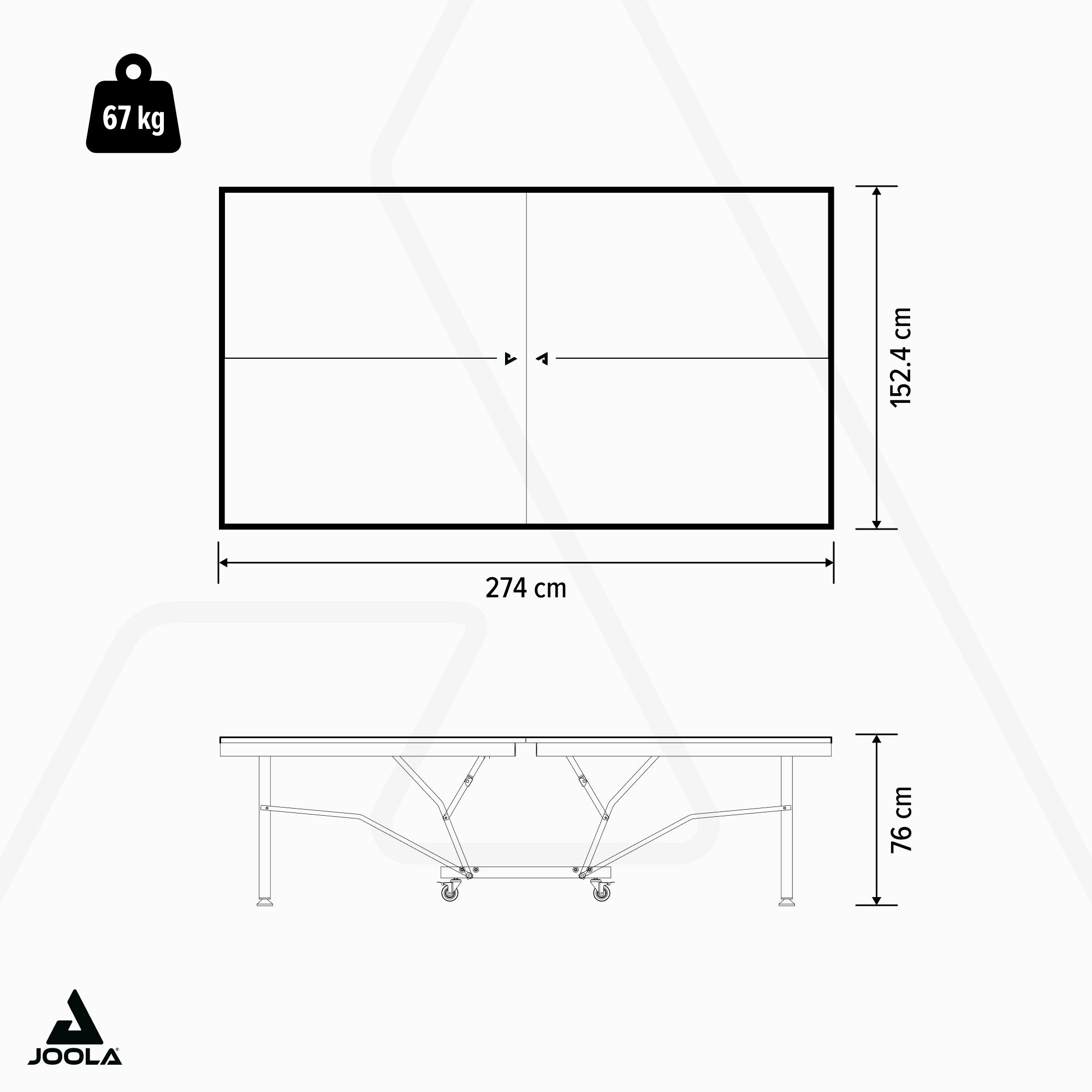 Skizze eines Tischtennistischs mit den Maßen 274 cm Länge, 152,4 cm Breite, 76 cm Höhe und einem Gewicht von 67 kg.