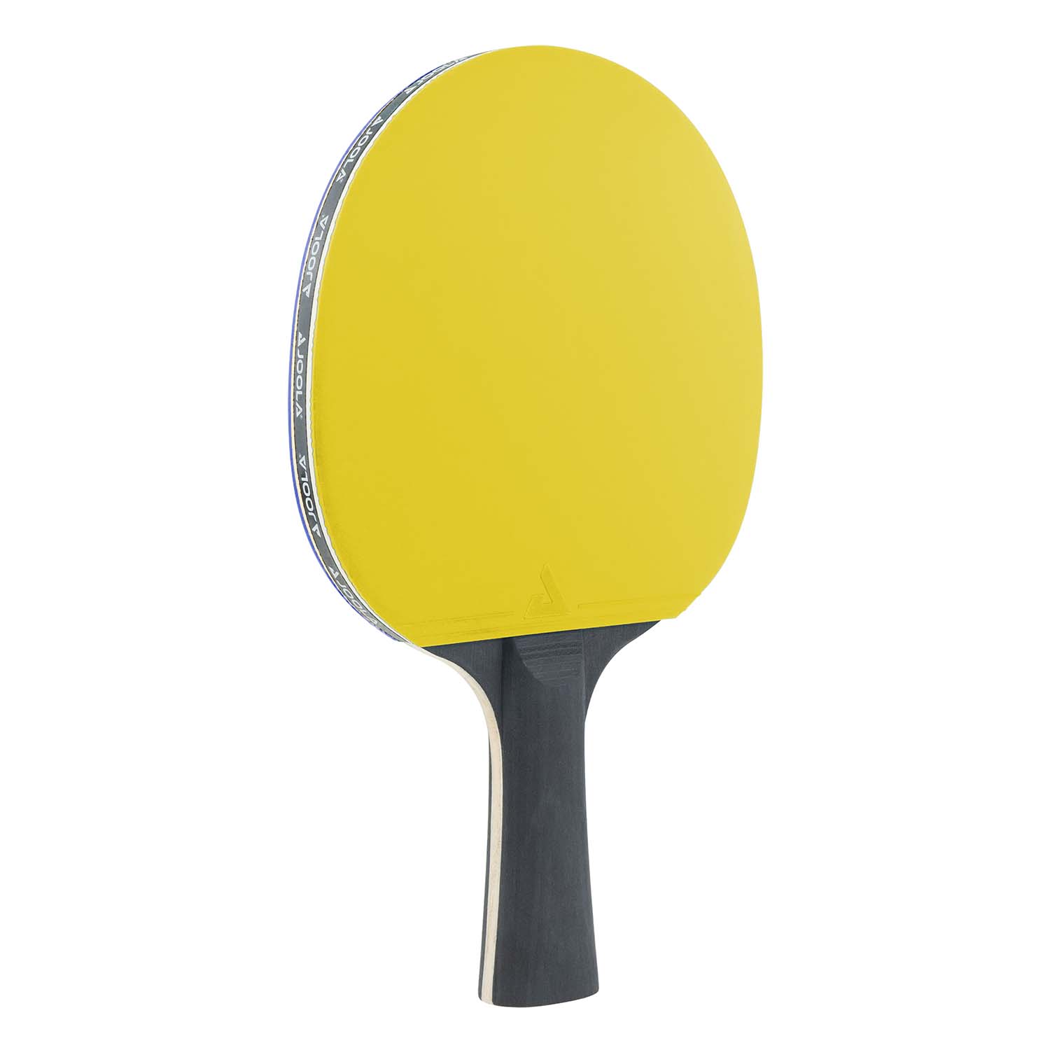 Gelber Tischtennisschläger mit schwarzem Griff, seitlich fotografiert vor weißem Hintergrund.