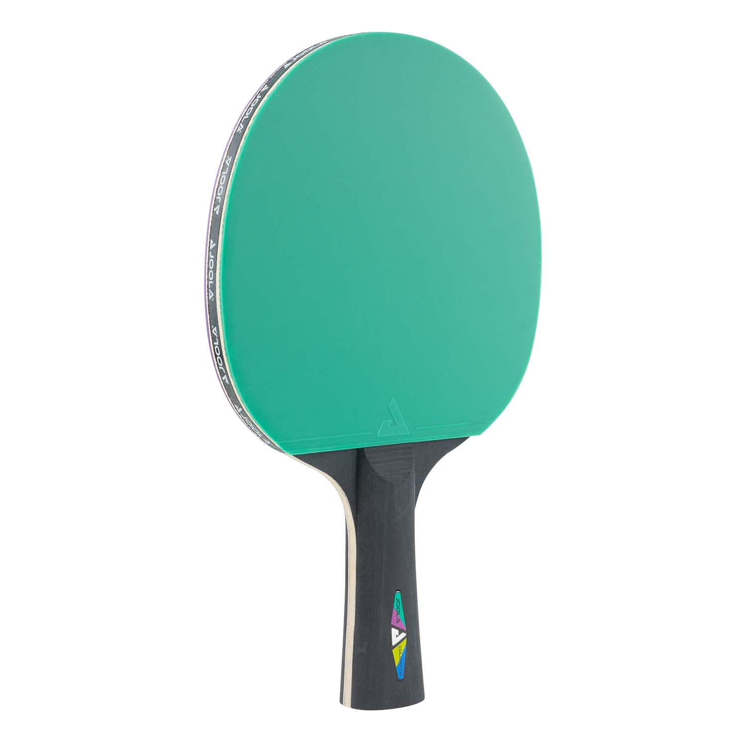 Grüner Tischtennisschläger mit schwarzem Griff und Markenlogo auf weißem Hintergrund.