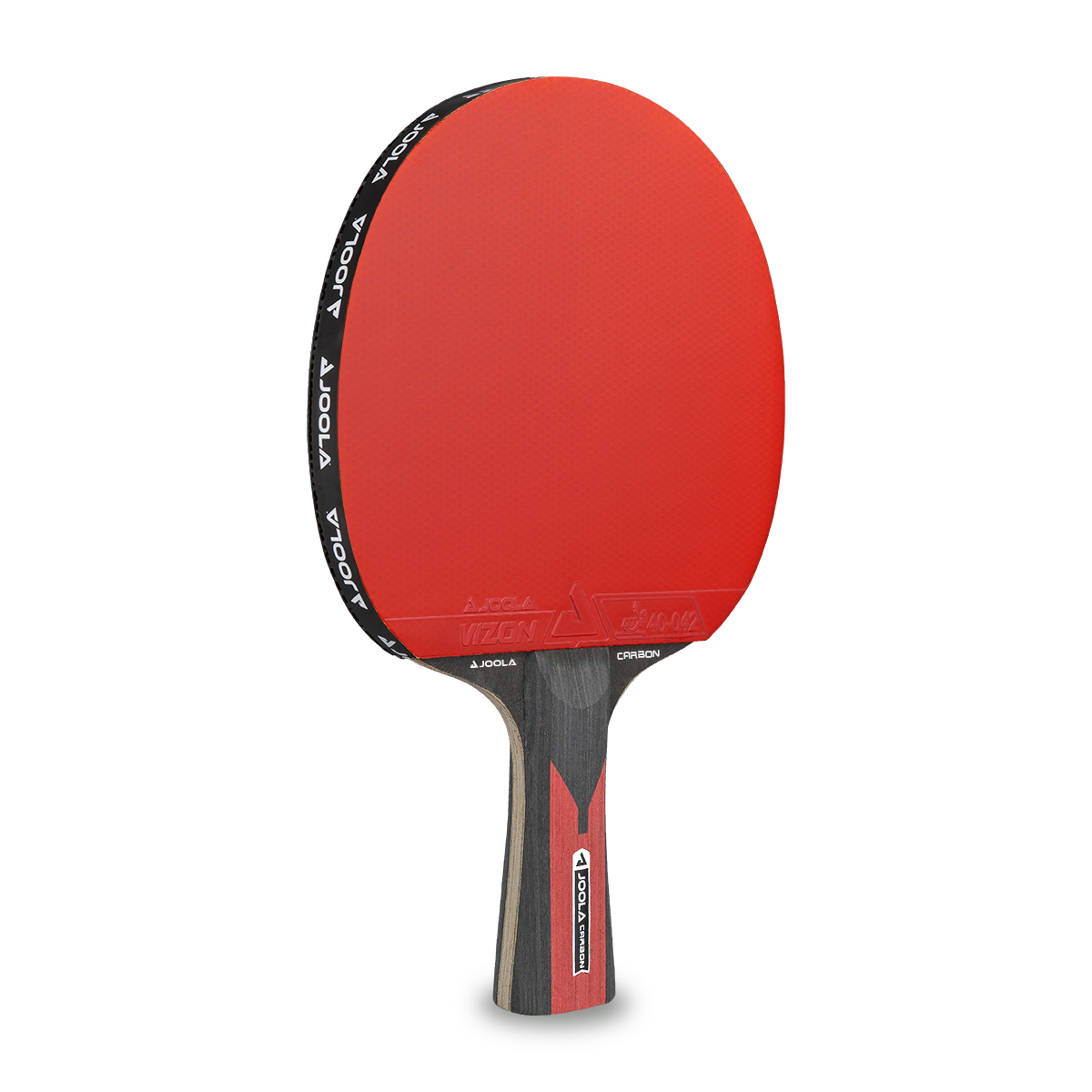 Tischtennisschläger JOOLA Vizon Carbon mit rotem Belag und schwarzem Griff mit roten Akzenten.