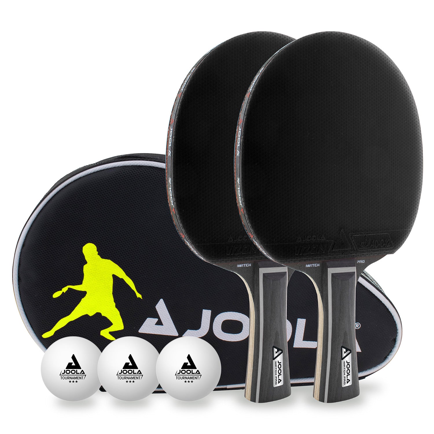 JOOLA TISCHTENNIS-SET BLACK DUO PRO in Seitenansicht mit Fokus auf das Design.