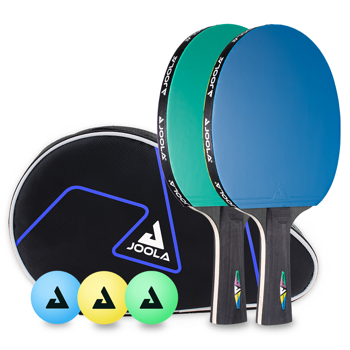 Set aus zwei JOOLA Tischtennisschlägern, drei bunten Bällen und schwarzer Schlägertasche.